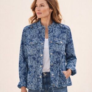 Chico's Chambray Paisley Print Utility Jacket Snap Front Drawstring Blue Size L